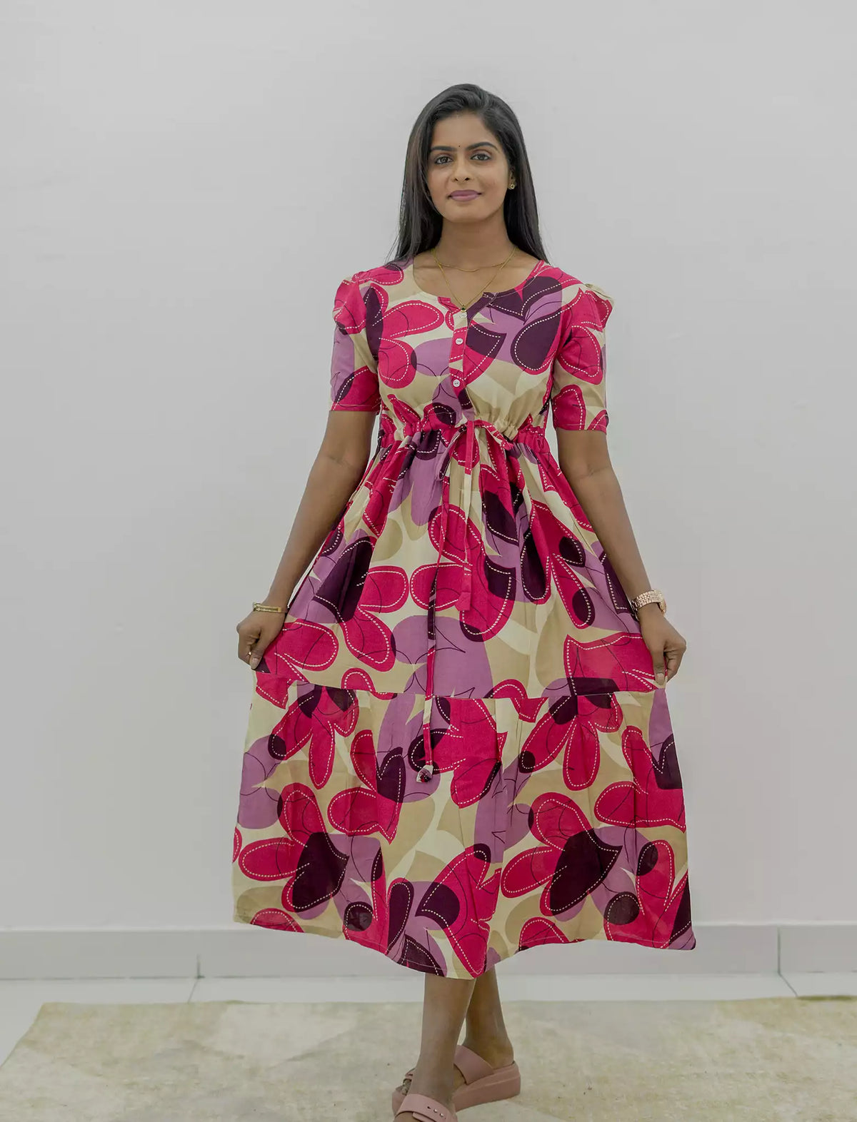 Rayon Puff Sleeve Foil Print Maxi Frock with Front Tie | Mangai Nighties