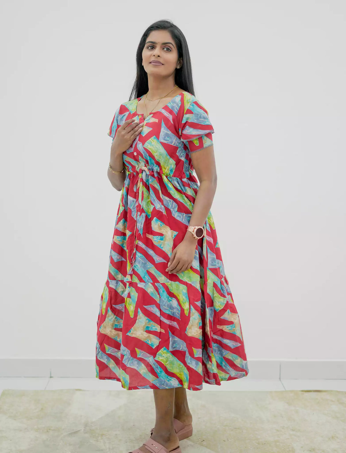 Rayon Abstract Foil Print Double Layer Sleeve Maxi | Mangai Nighties