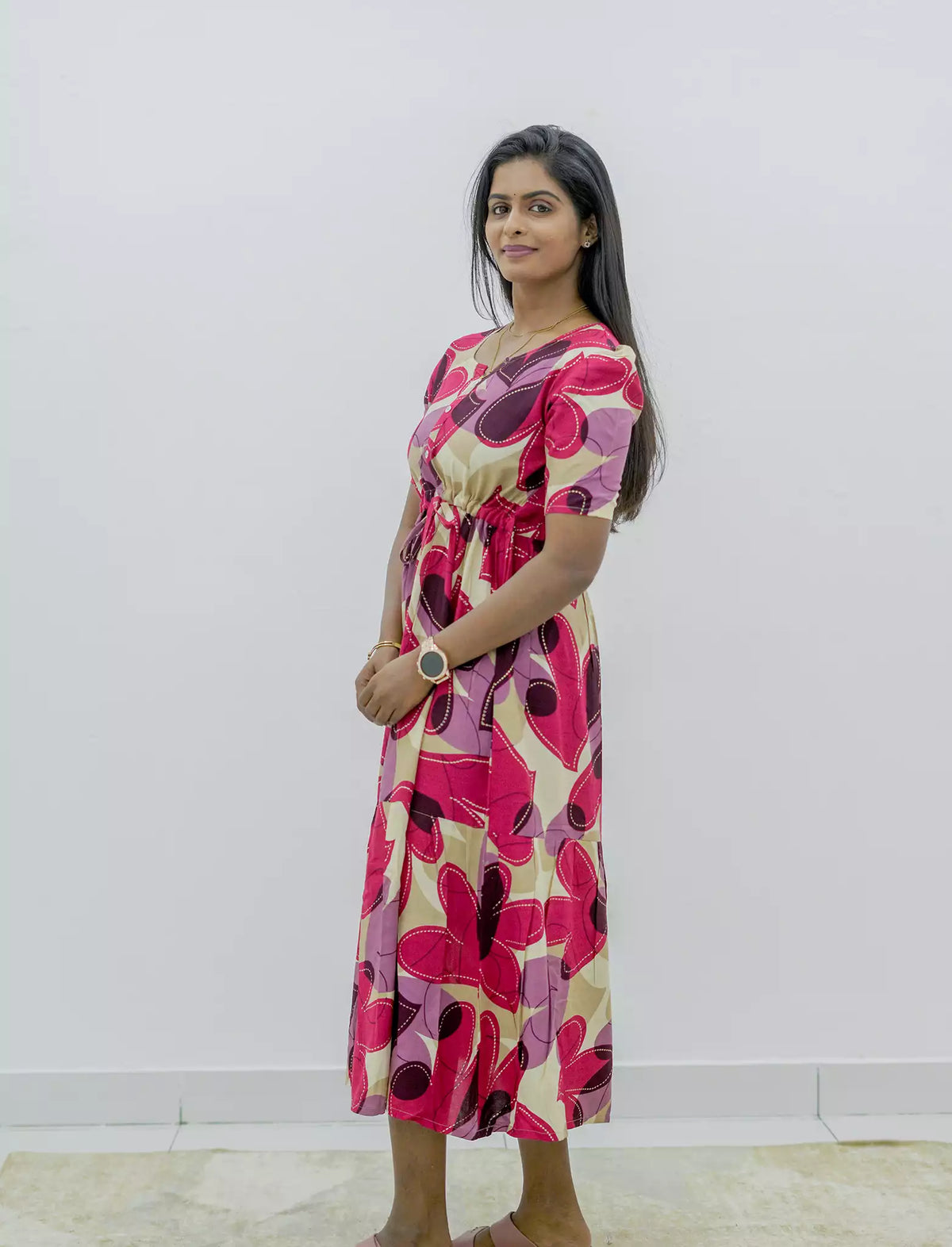 Rayon Puff Sleeve Foil Print Maxi Frock with Front Tie | Mangai Nighties
