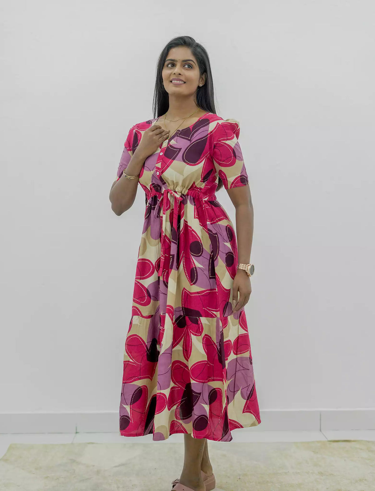 Rayon Puff Sleeve Foil Print Maxi Frock with Front Tie | Mangai Nighties