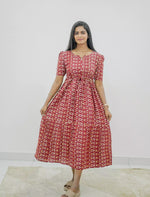 Rayon Foil Print Puff Sleeve Front Tie Gathering Maxi Frock | Mangai Nighties