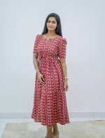 Rayon Foil Print Puff Sleeve Front Tie Gathering Maxi Frock | Mangai Nighties