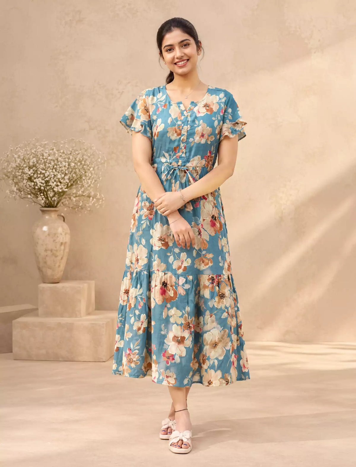Rayon Floral Foil Print Double Layer Sleeve Maxi with Side Pocket | Mangai Nighties