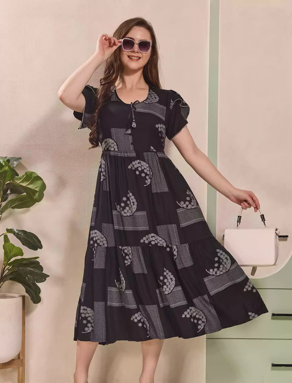 Geometric Print Petal Sleeve Maxi Dress with Back Tie | Mangai Nighties