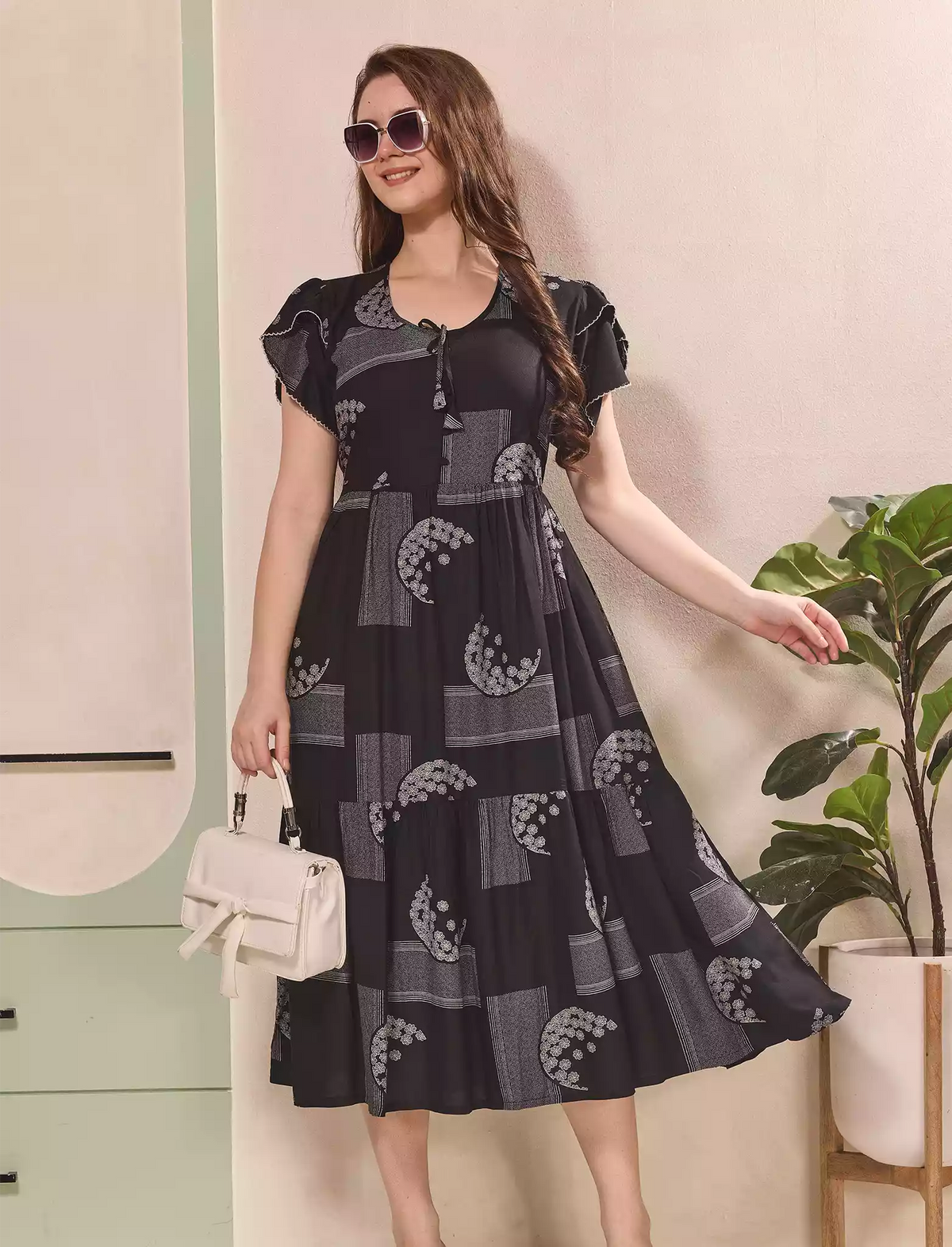 Geometric Print Petal Sleeve Maxi Dress with Back Tie | Mangai Nighties