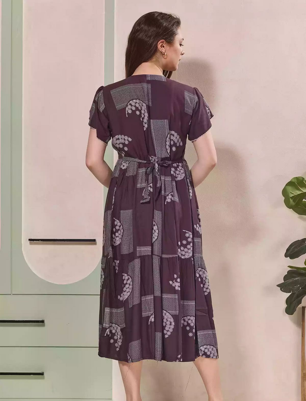 Geometric Print Petal Sleeve Maxi Dress with Back Tie | Mangai Nighties