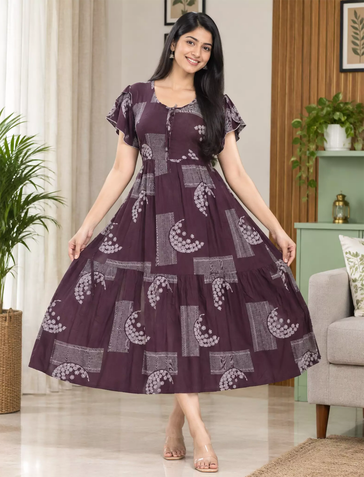 Geometric Print Petal Sleeve Maxi Dress with Back Tie | Mangai Nighties