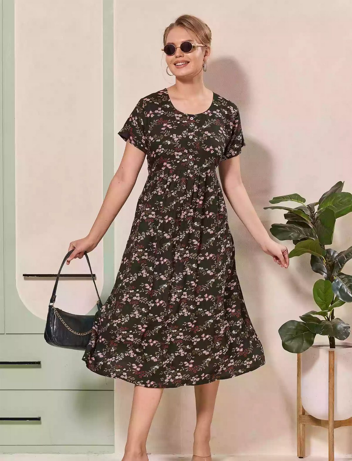 Floral Printed Regular Sleeve Button Front Maxi | Mangai Nighties