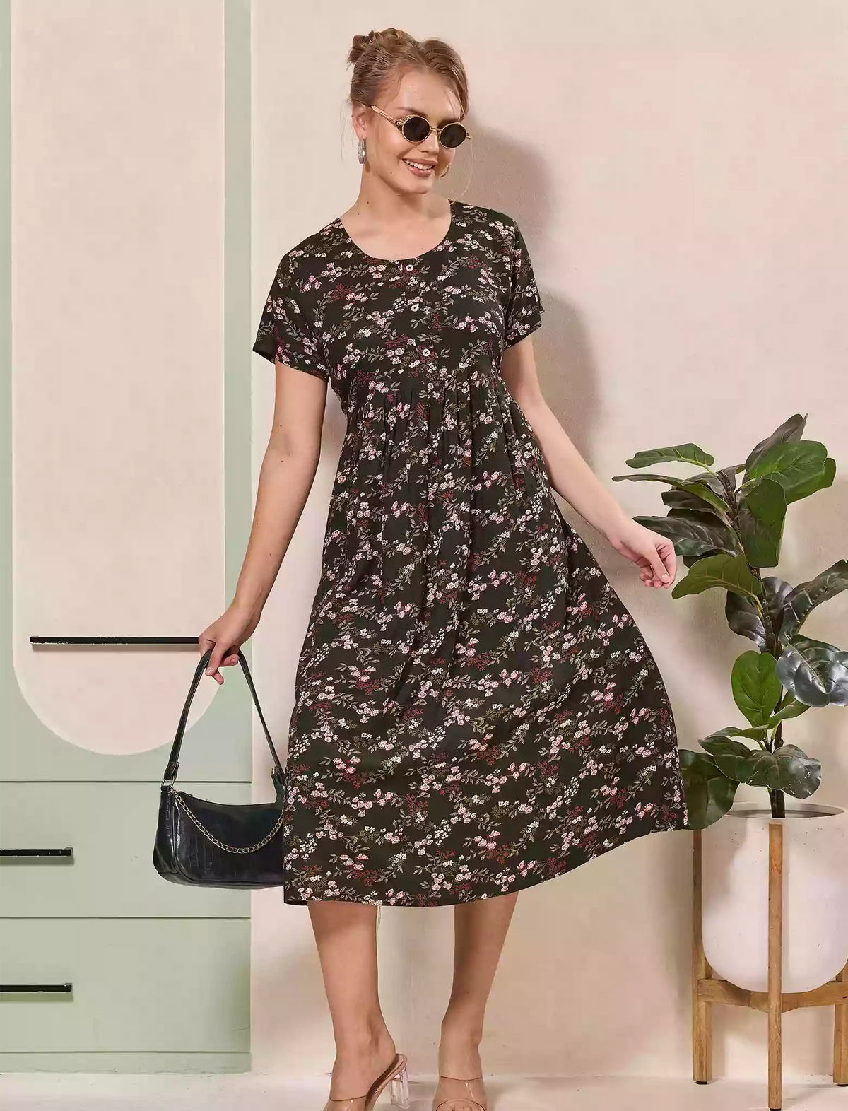 Floral Printed Regular Sleeve Button Front Maxi | Mangai Nighties