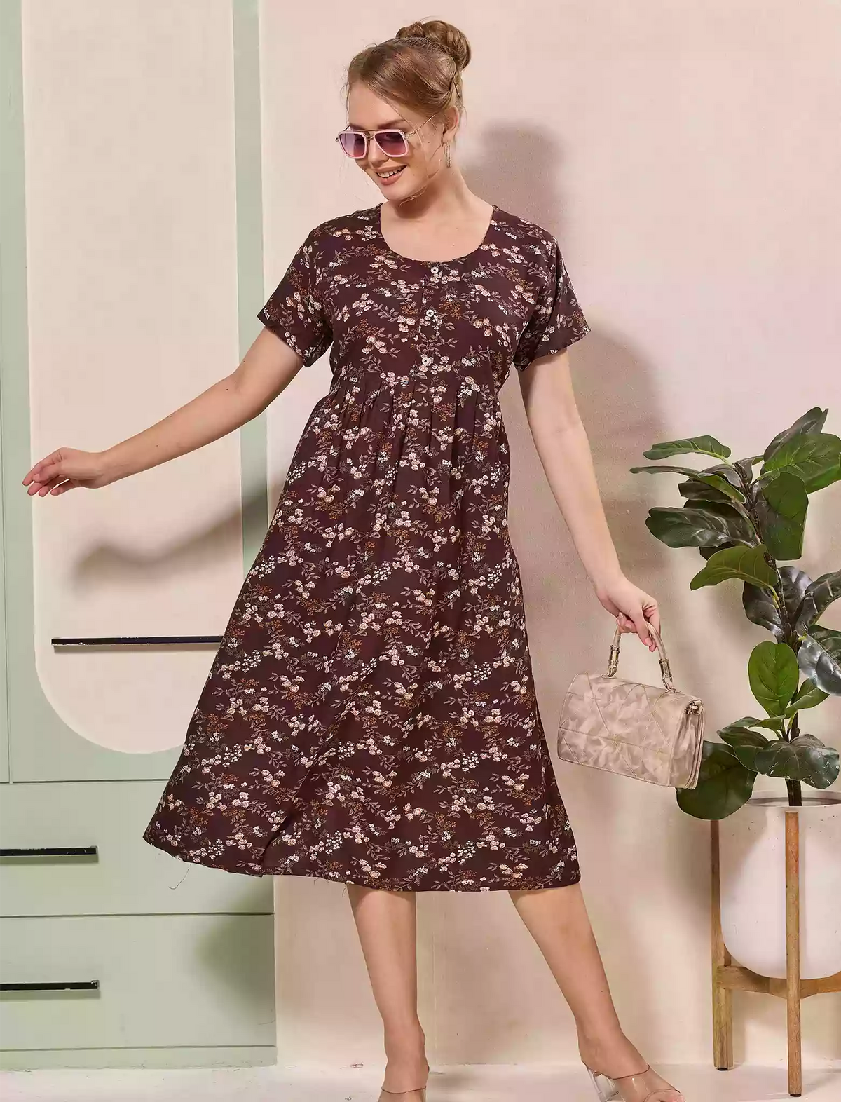 Floral Printed Regular Sleeve Button Front Maxi | Mangai Nighties