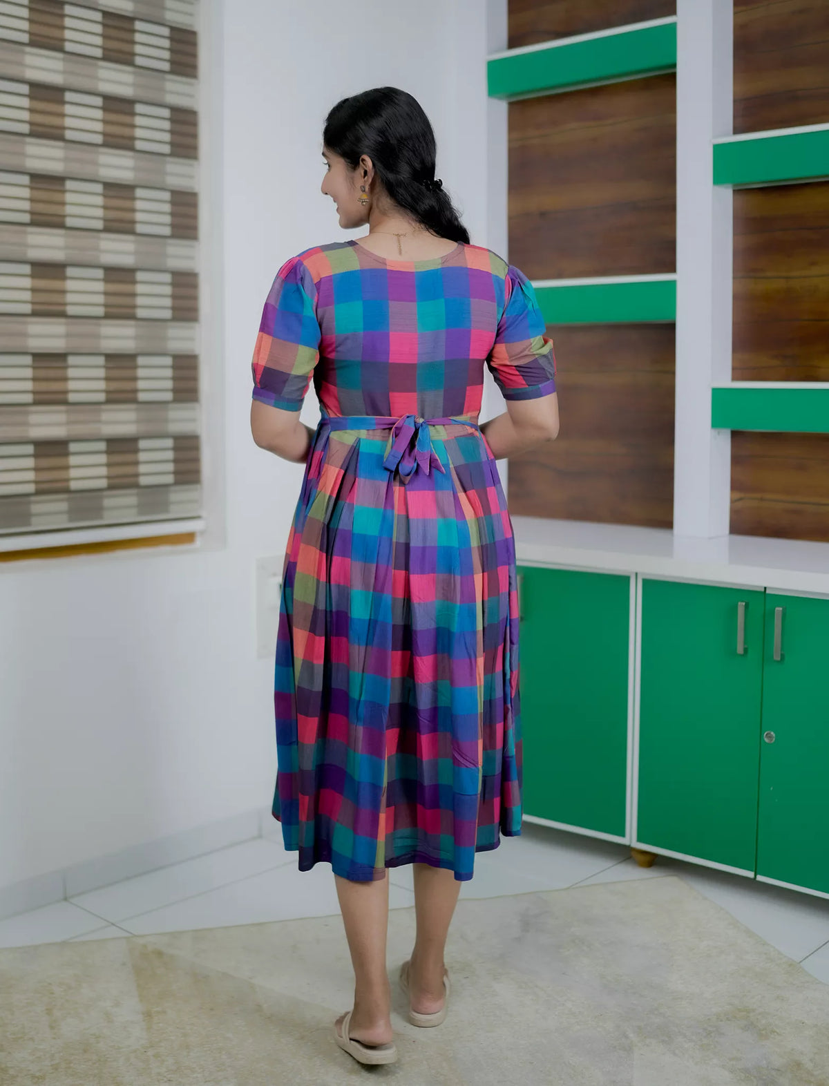 Rayon Rainbow Madras Checks Maxi Frock with Puff Sleeve - Mangai Nighties