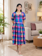 Rayon Rainbow Madras Checks Maxi Frock with Puff Sleeve - Mangai Nighties
