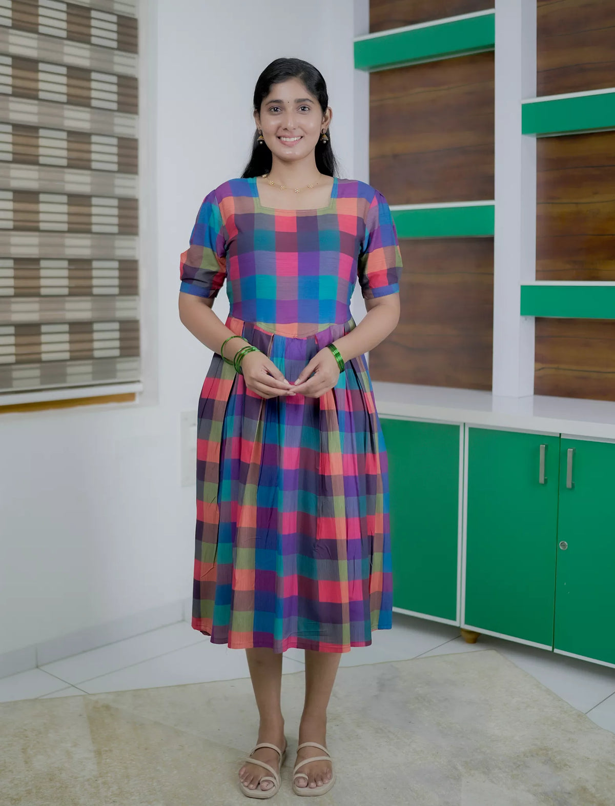 Rayon Rainbow Madras Checks Maxi Frock with Puff Sleeve - Mangai Nighties