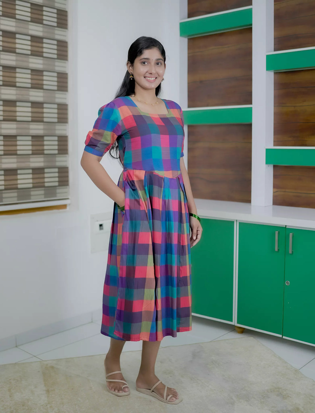 Rayon Rainbow Madras Checks Maxi Frock with Puff Sleeve - Mangai Nighties