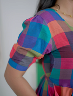 Rayon Rainbow Madras Checks Maxi Frock with Puff Sleeve - Mangai Nighties
