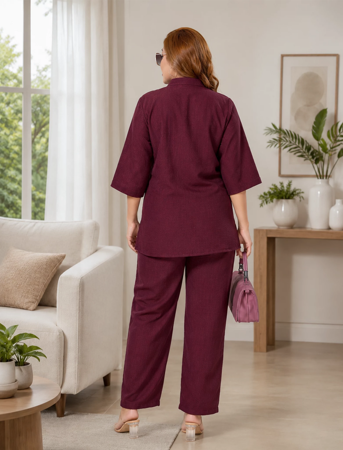 Maroon Premium Cotton Printed Night Suit with Pocket | Mangai Nighties