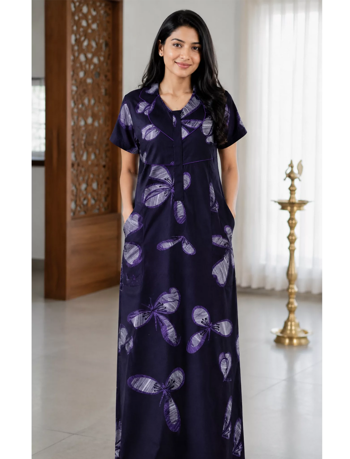 MANGAI Premium Cotton Printed Pleated Model Half Sleeve 3XL Size Nighties - Fancy Neck | With Side Pocket |Shrinkage Free Nighties | Trendy Collection's for Stylish Women's