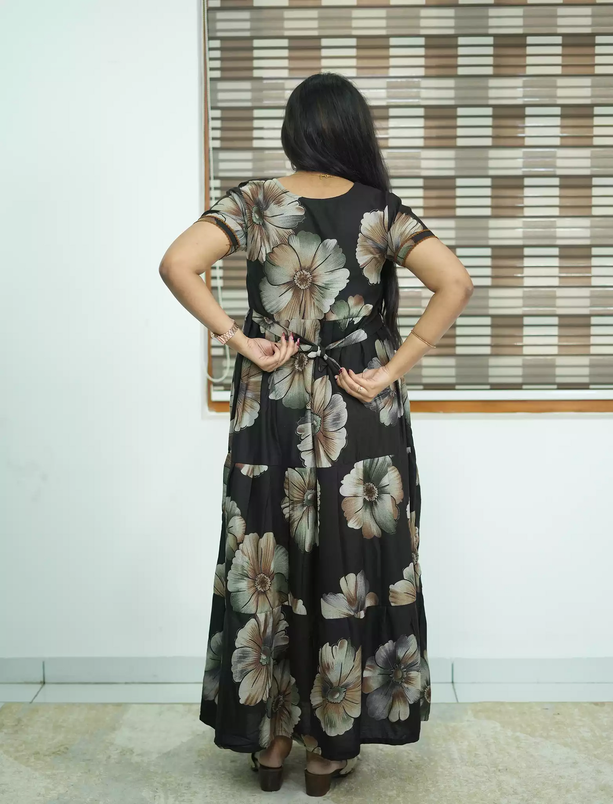 Alpine Floral Print 3 Layer Frock with Back Tie - Mangai Nighties