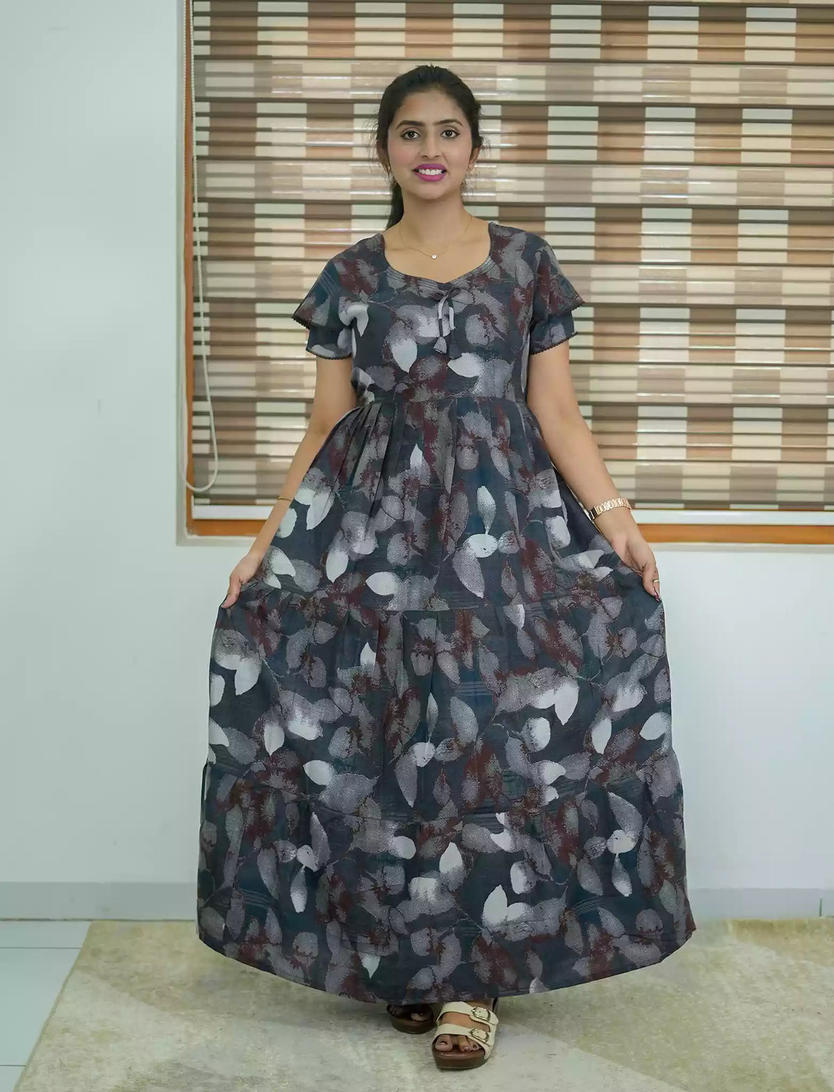 Alpine Abstract Leaf Print 3 Layer Frock - Mangai Nighties