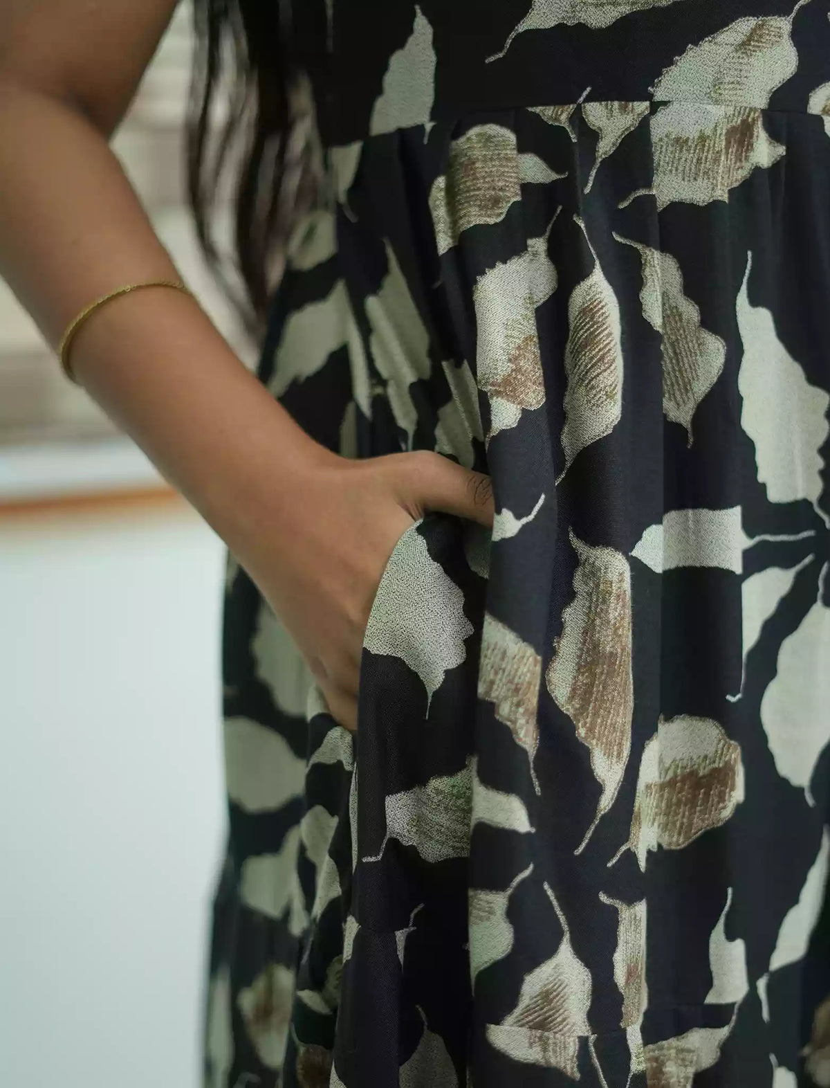 Alpine Tropical Leaf Print 3 Layer Frock with Back Tie - Mangai Nighties