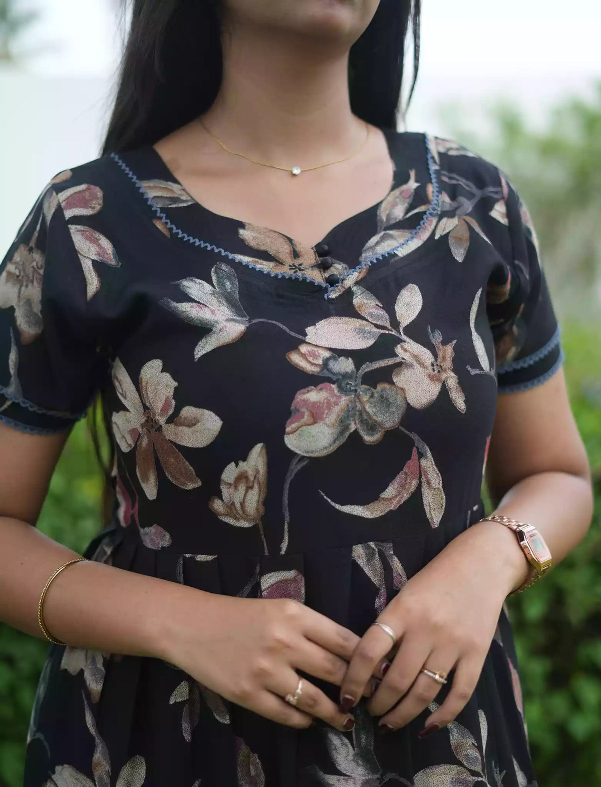Alpine Floral Print 3 Layer Full Frock with Back Tie - Mangai Nighties