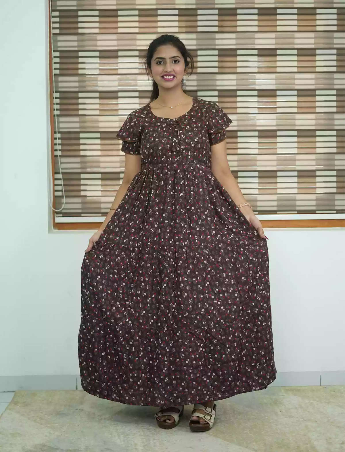 Alpine Tiny Floral Print 3 Layer Frock - Mangai Nighties