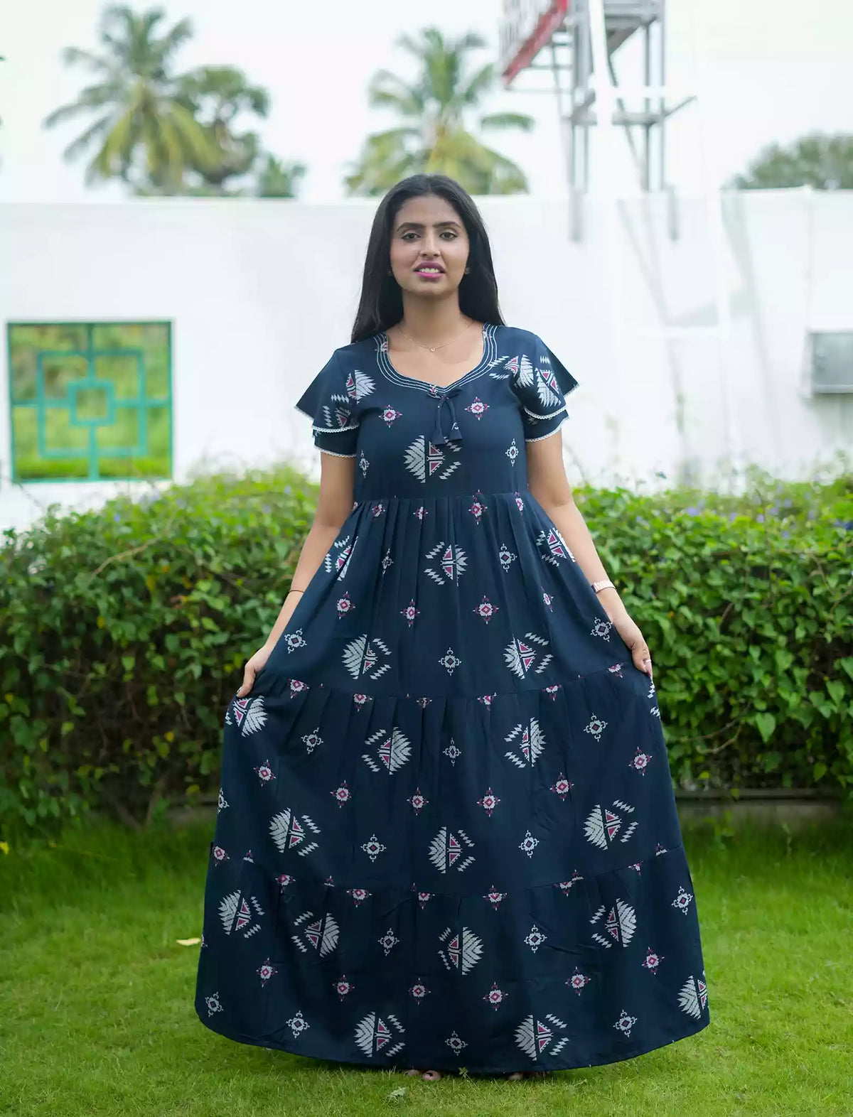 Alpine Geometric Print 3 Layer Frock - Mangai Nighties