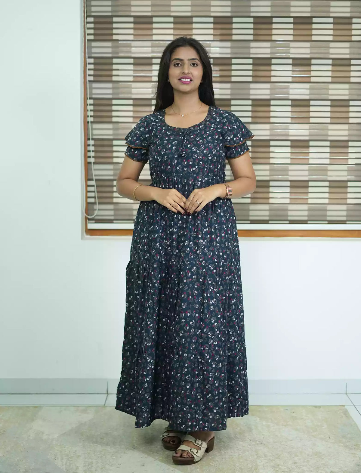 Alpine Tiny Floral Print 3 Layer Frock - Mangai Nighties