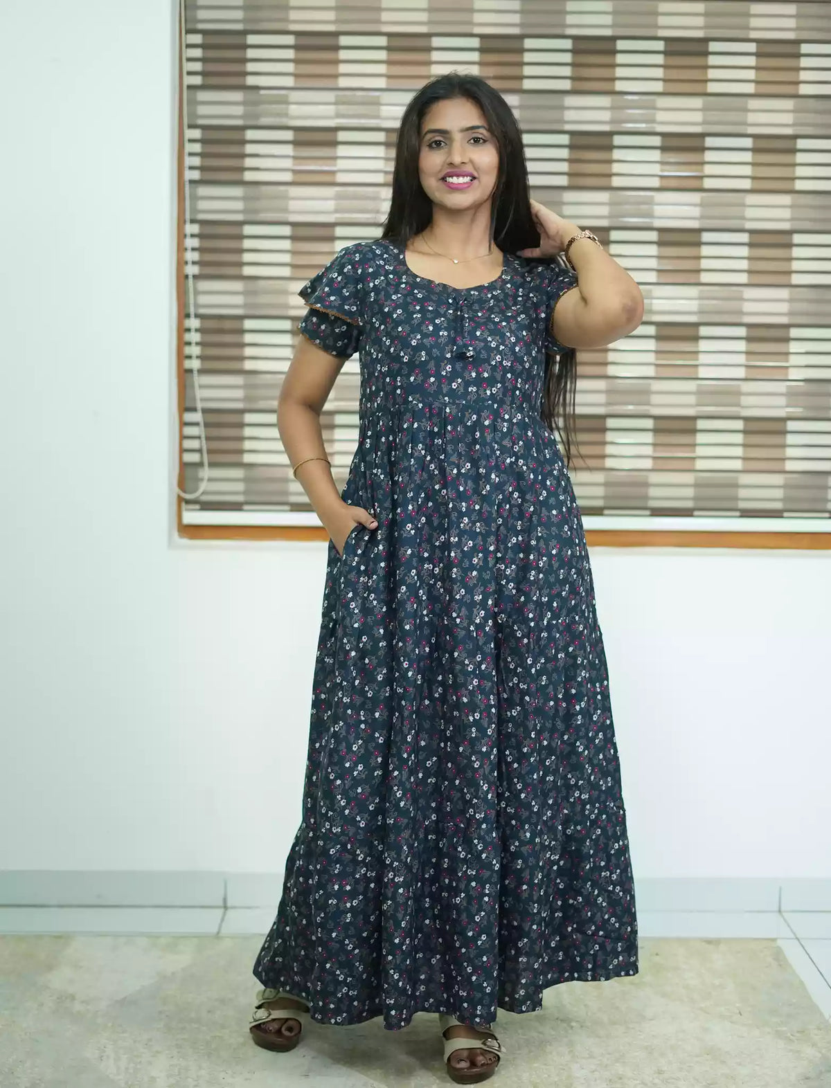 Alpine Tiny Floral Print 3 Layer Frock - Mangai Nighties