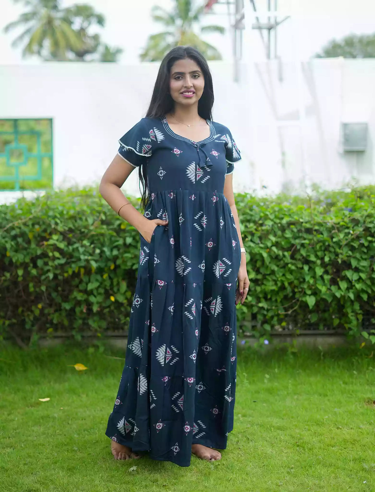 Alpine Geometric Print 3 Layer Frock - Mangai Nighties