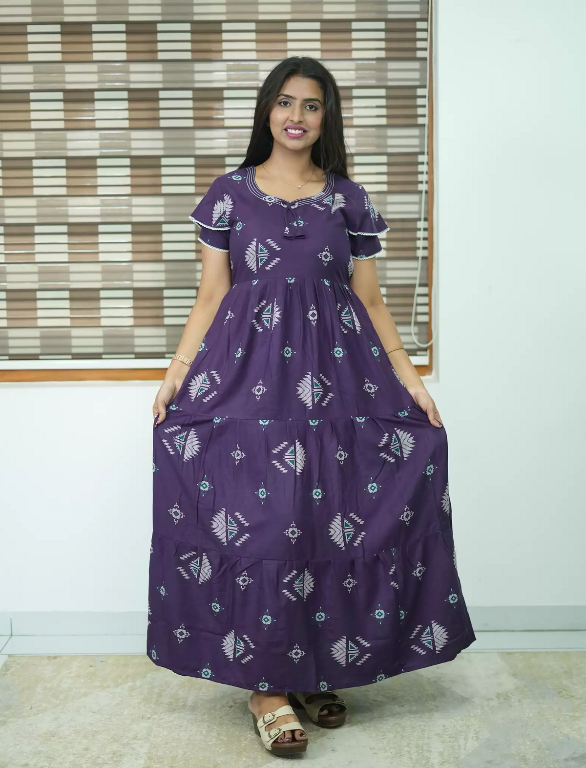 Alpine Geometric Print 3 Layer Frock - Mangai Nighties