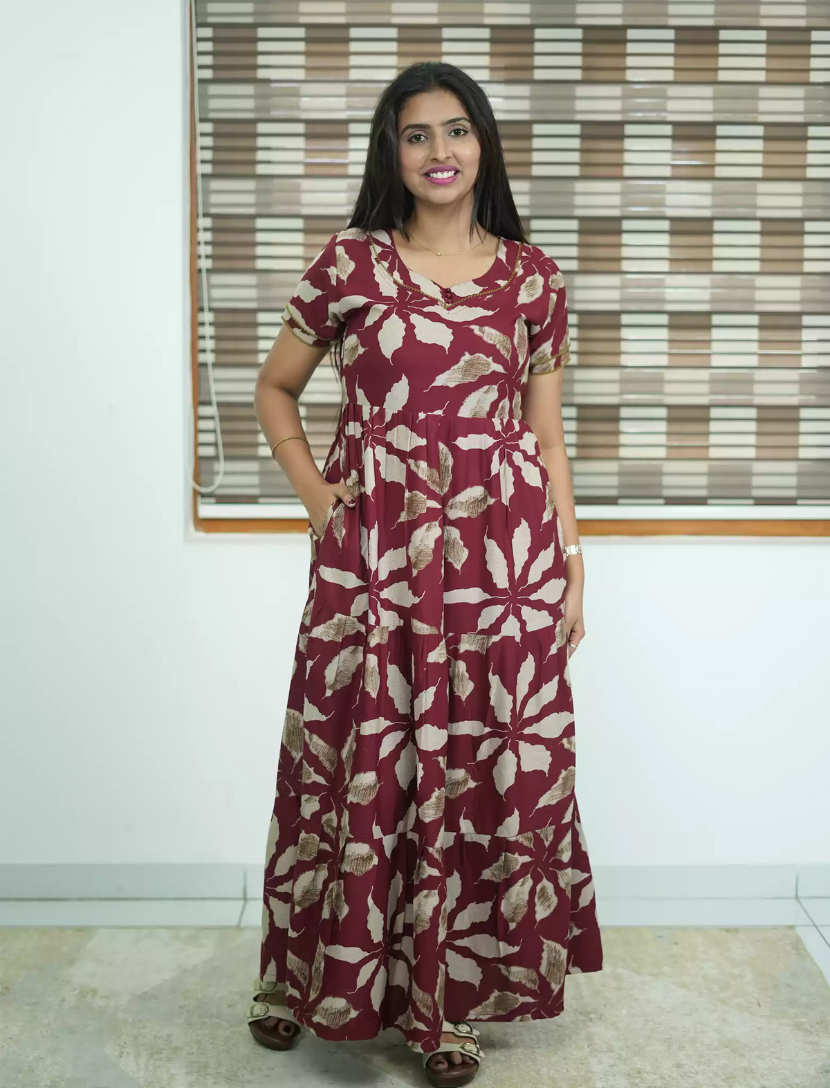 Alpine Tropical Leaf Print 3 Layer Frock with Back Tie - Mangai Nighties