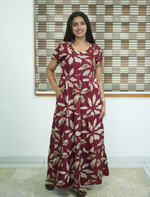Alpine Tropical Leaf Print 3 Layer Frock with Back Tie - Mangai Nighties
