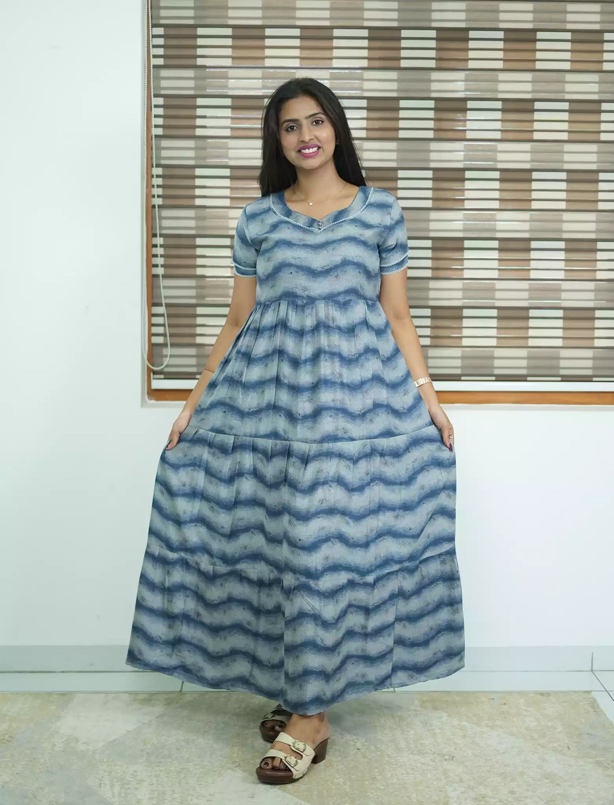 Alpine Wave Print 3 Layer Frock with Back Tie - Mangai Nighties