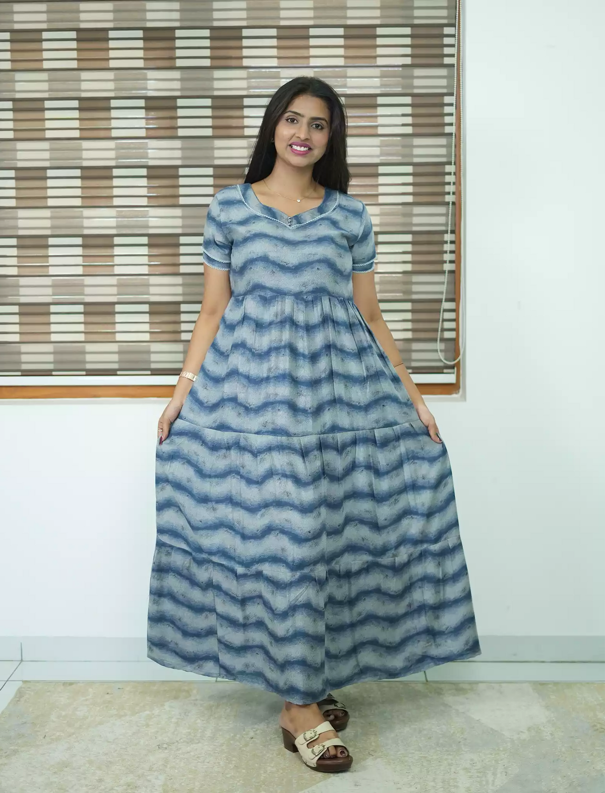 Alpine Wave Print 3 Layer Frock with Back Tie - Mangai Nighties