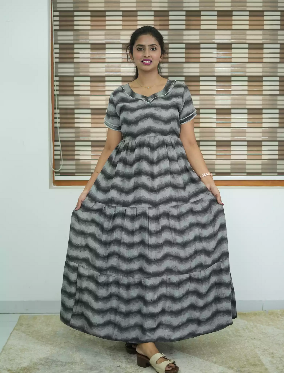 Alpine Wave Print 3 Layer Frock with Back Tie - Mangai Nighties