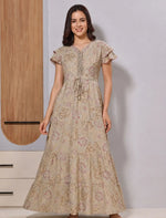 Beige Alpine Long Gathering Frock front adjustable Waist Maxi Gown - Mangai Nighties