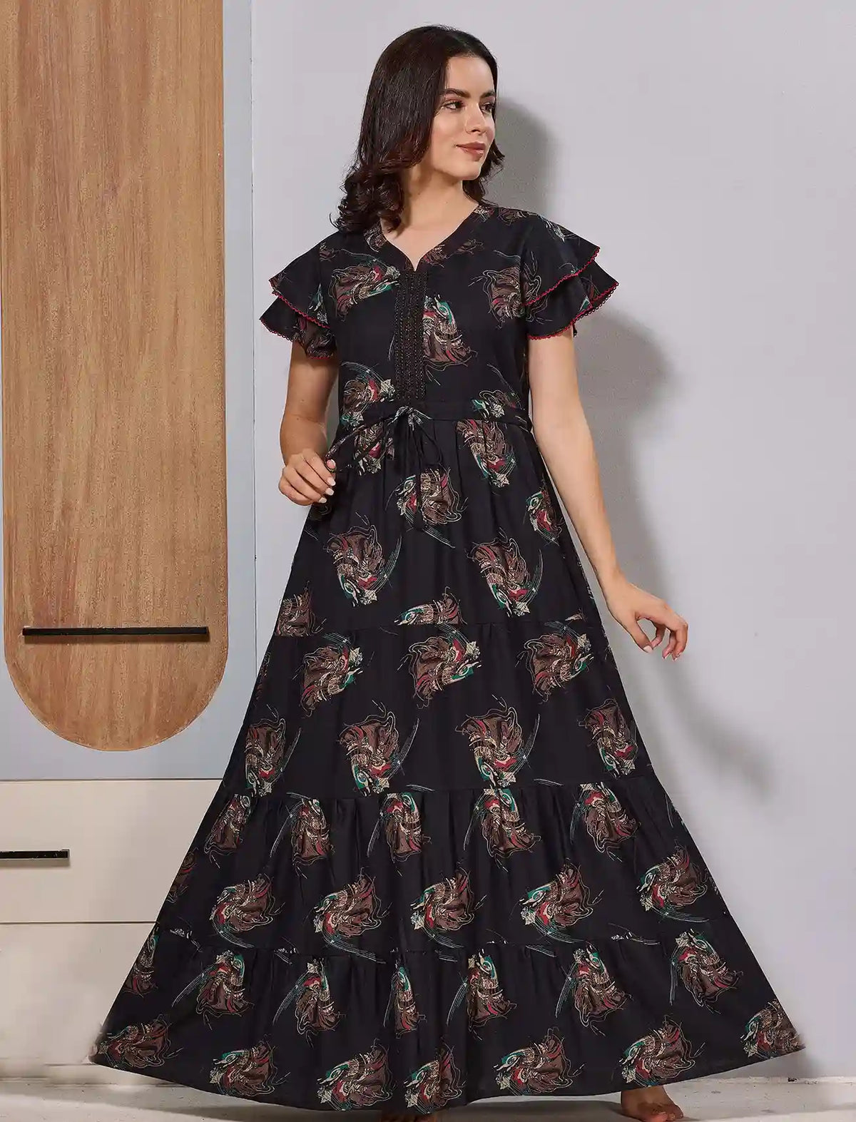 Black Floral Print Zipless Flared Gathering Frock - Mangai Nighties