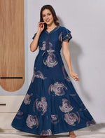 Alpine Geometric Blue Gathering Frock Long Flared Night Gown - Mangai Nighties