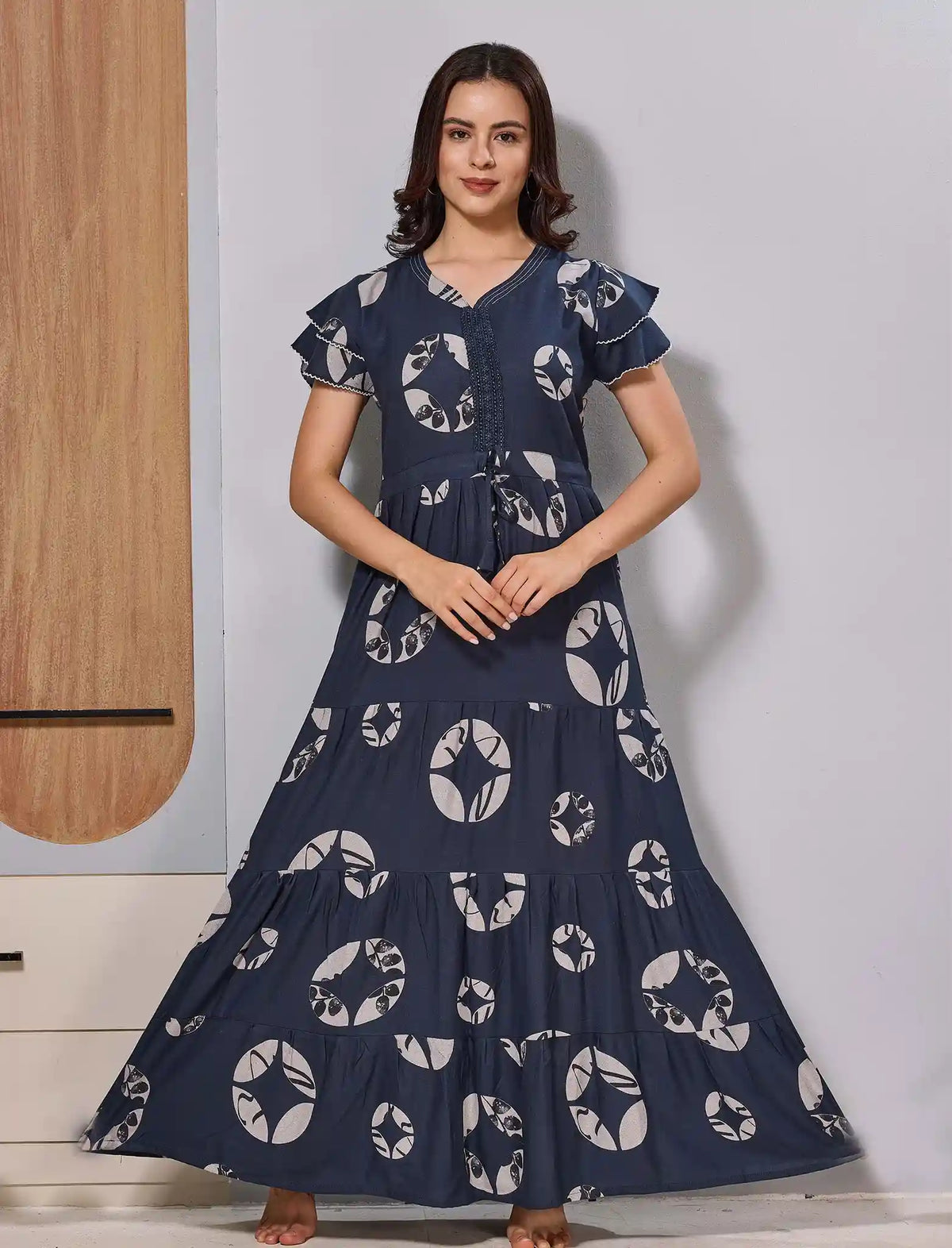 Alpine Double Layer sleeve Flared Frock with Side Pocket - Mangai Nighties