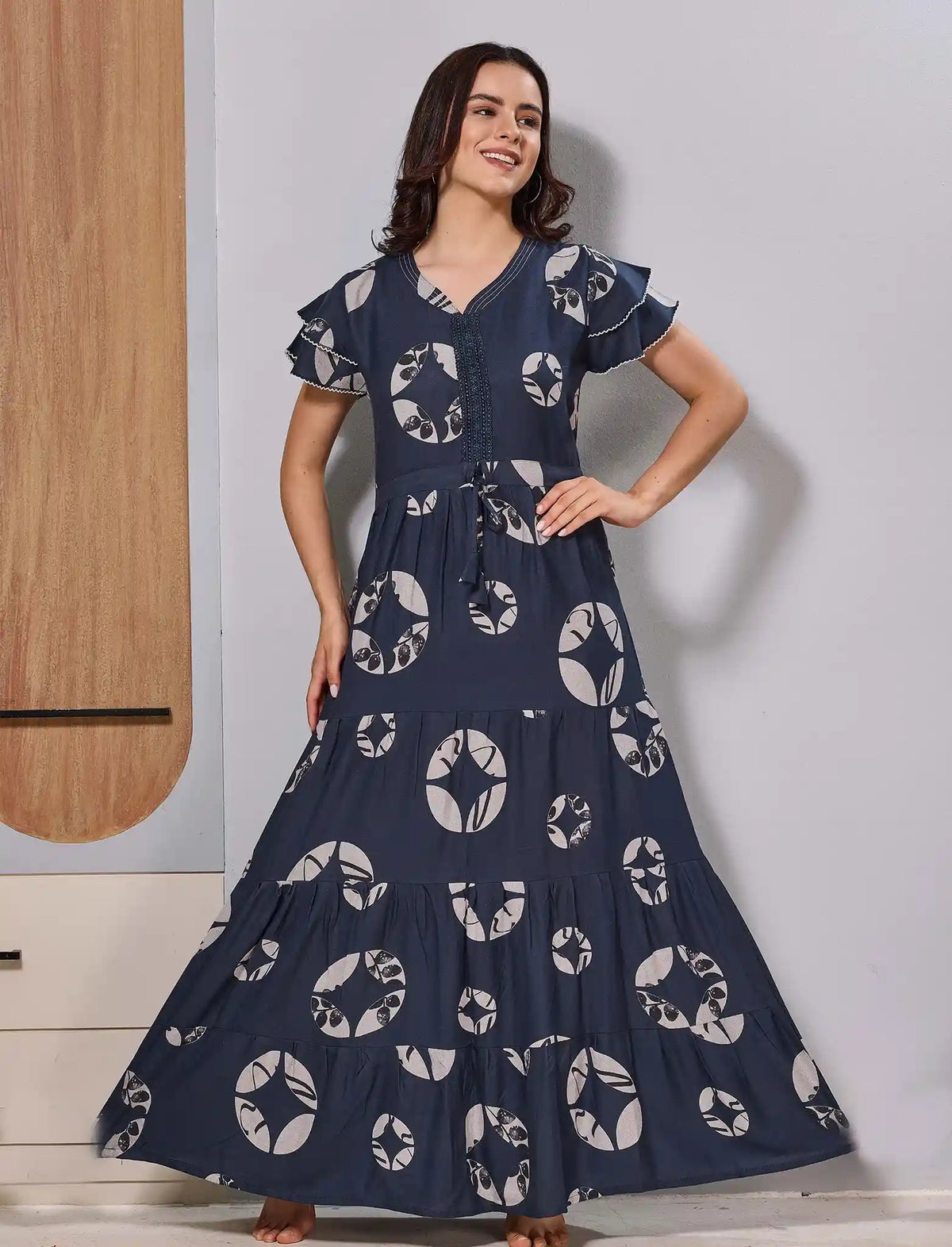 Navy Blue Dress with Abstract Circular Print Maxi frock -Mangai Nighties