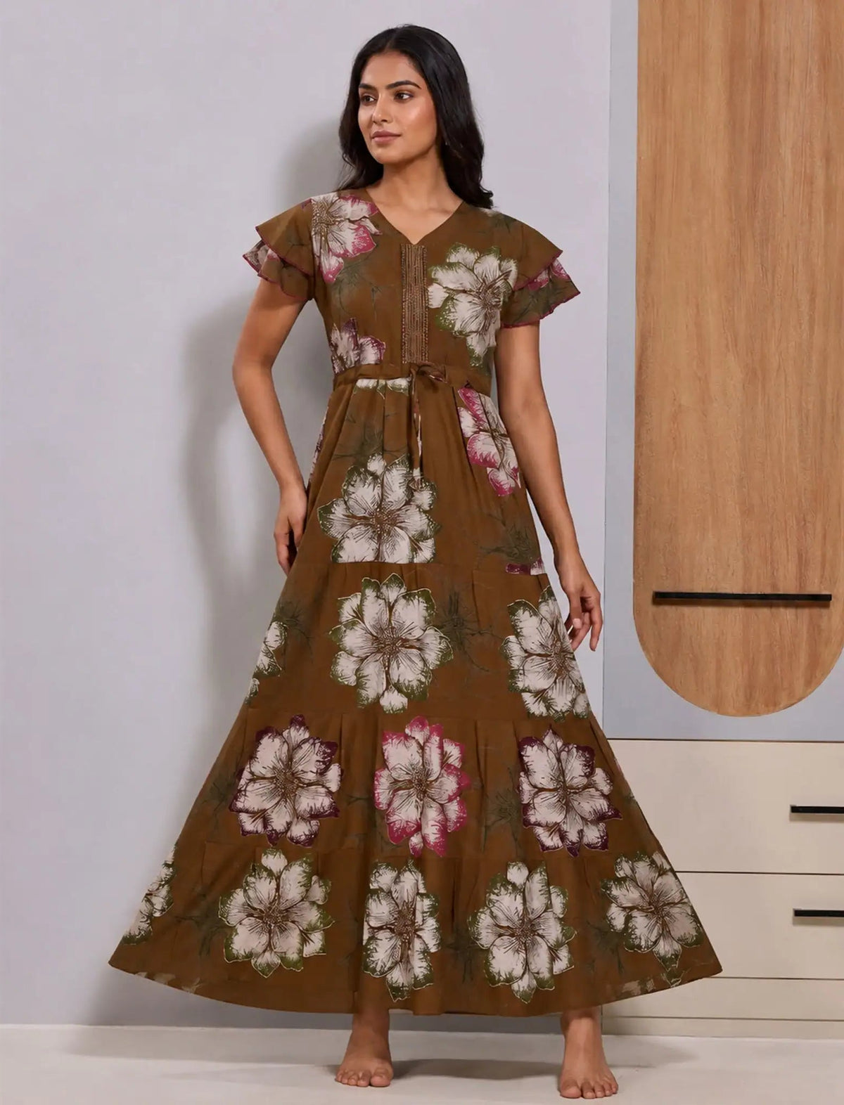Alpine Front Tie Rope with Side Pocket Flared Full Frock - Mangai Nighties