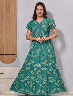 Green Contemporary Floral Print Maxi With Double Layer Sleeve - Mangai Nighties