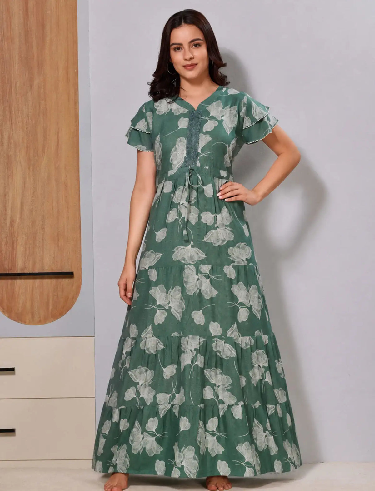 Alpine Green Gathering Long Fancy Frock Zipless Maxi - Mangai Nighties