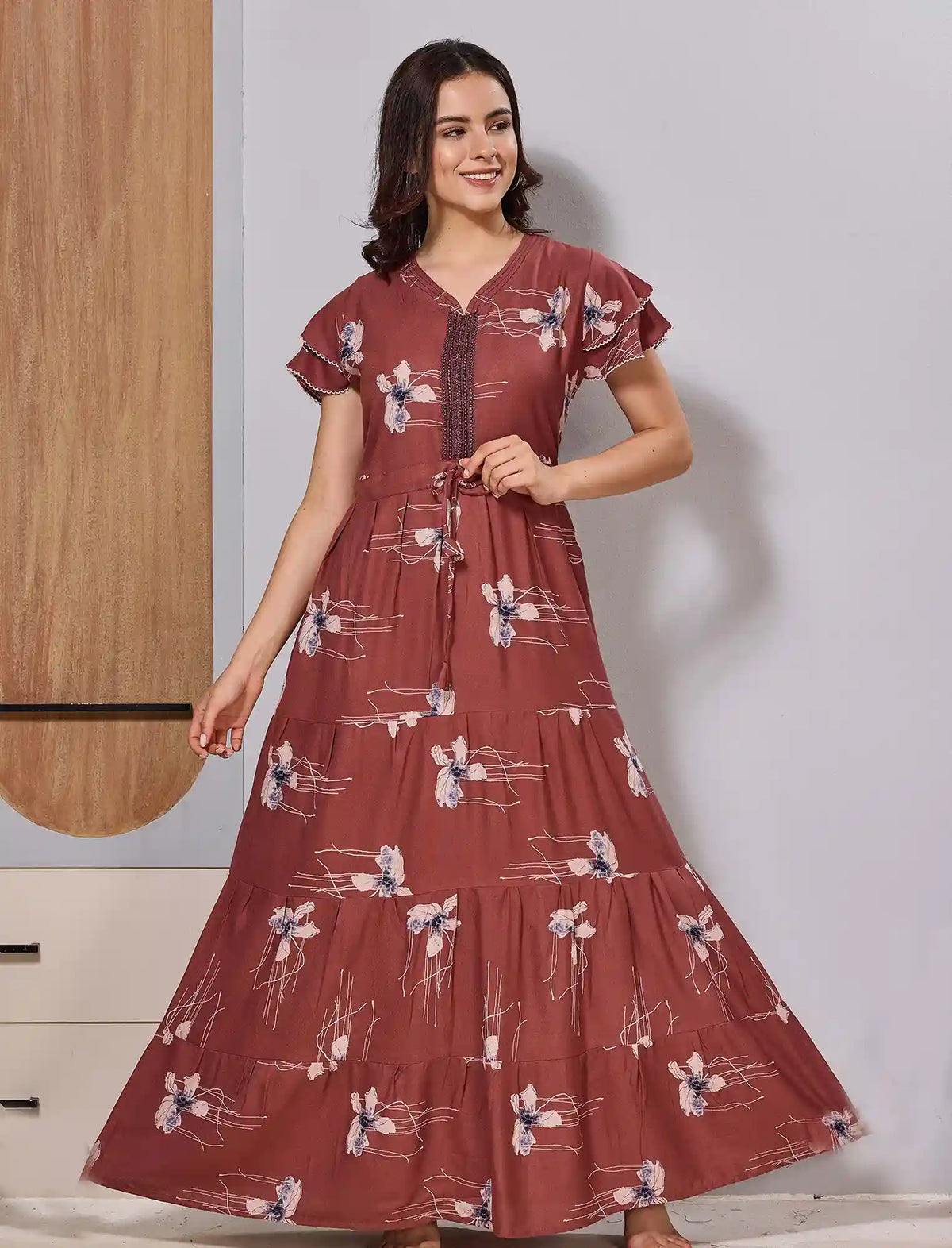 Alpine round Neck Long Frock with Side Pocket night gown for Women - Mangai Nighties
