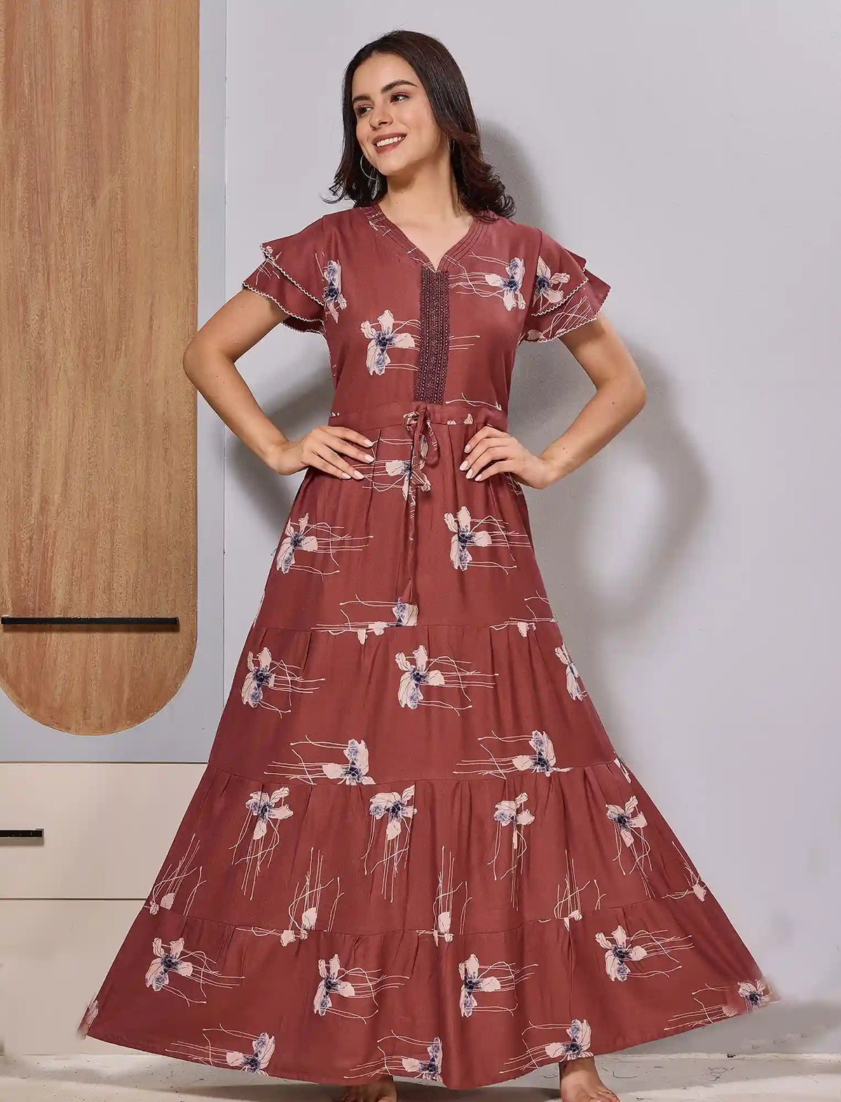 Maroon Double Layered Patch Neck Flared Full Night Gown - Mangai Nighties