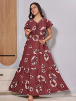 Alpine Marron Circular Leaf Motif Maxi Floral Silhouette Frock - Mangai Nighties
