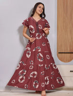 Alpine Marron Circular Leaf Motif Maxi Floral Silhouette Frock - Mangai Nighties