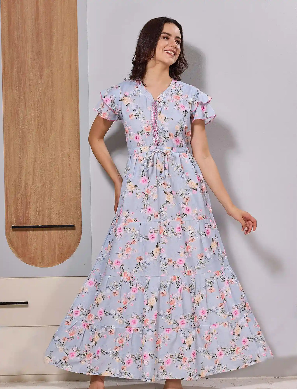 Long Full Frock with Back tie and Side Pocket Night gown - Mangai Nighties
