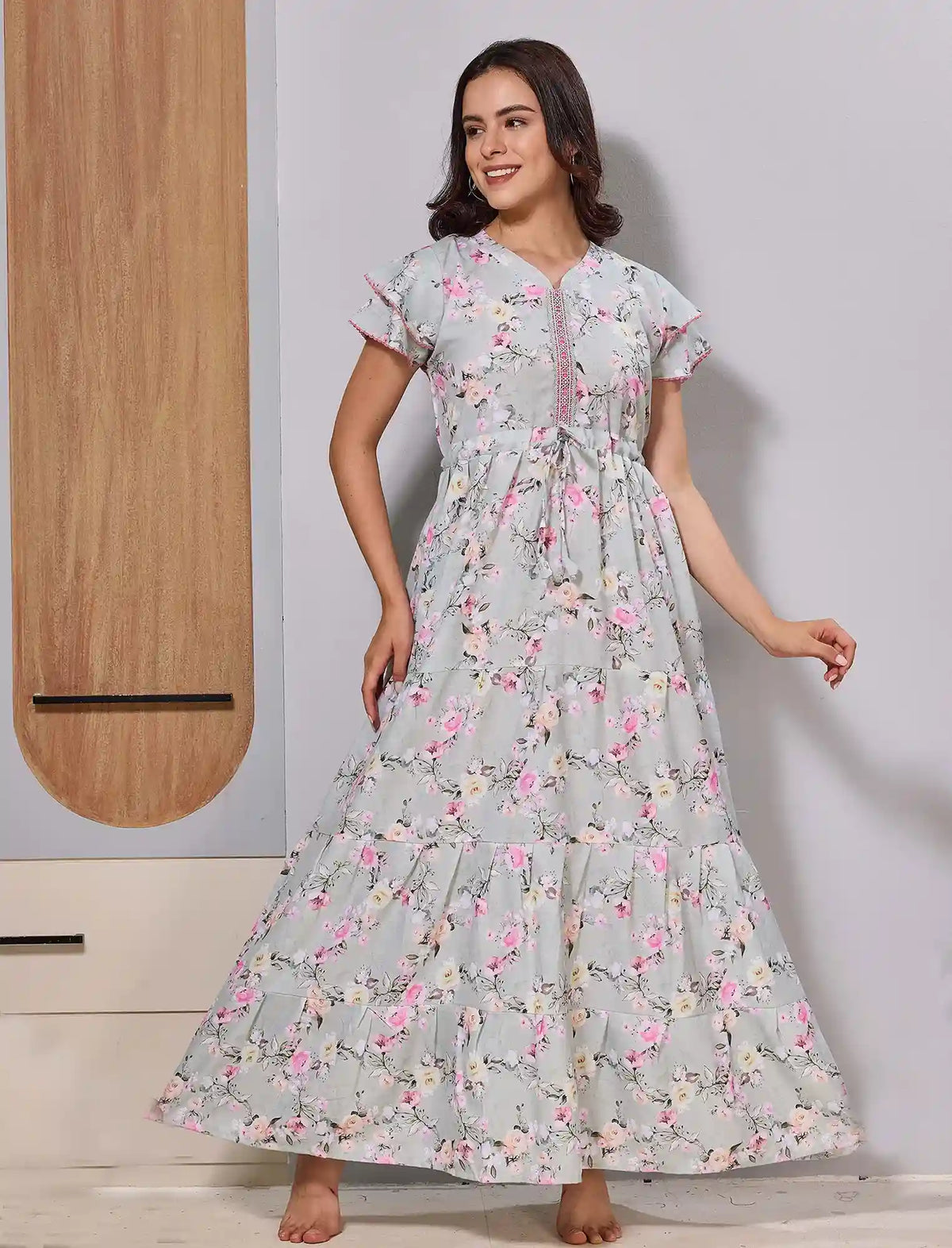 Floral Print Double Layer Sleeve Gathering Frock with Side pocket - Mangai Nighties